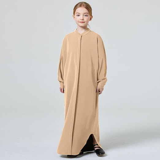 FYMNSI Girls Muslim Prayer Dress Abaya - Button Down Henley Kaftan Robe Long Sleeve Modest Islamic Outfit for Kids Ages 4-14 | Grey, Khaki, Purple