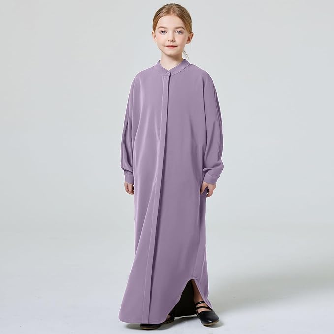 FYMNSI Girls Muslim Prayer Dress Abaya - Button Down Henley Kaftan Robe Long Sleeve Modest Islamic Outfit for Kids Ages 4-14 | Grey, Khaki, Purple