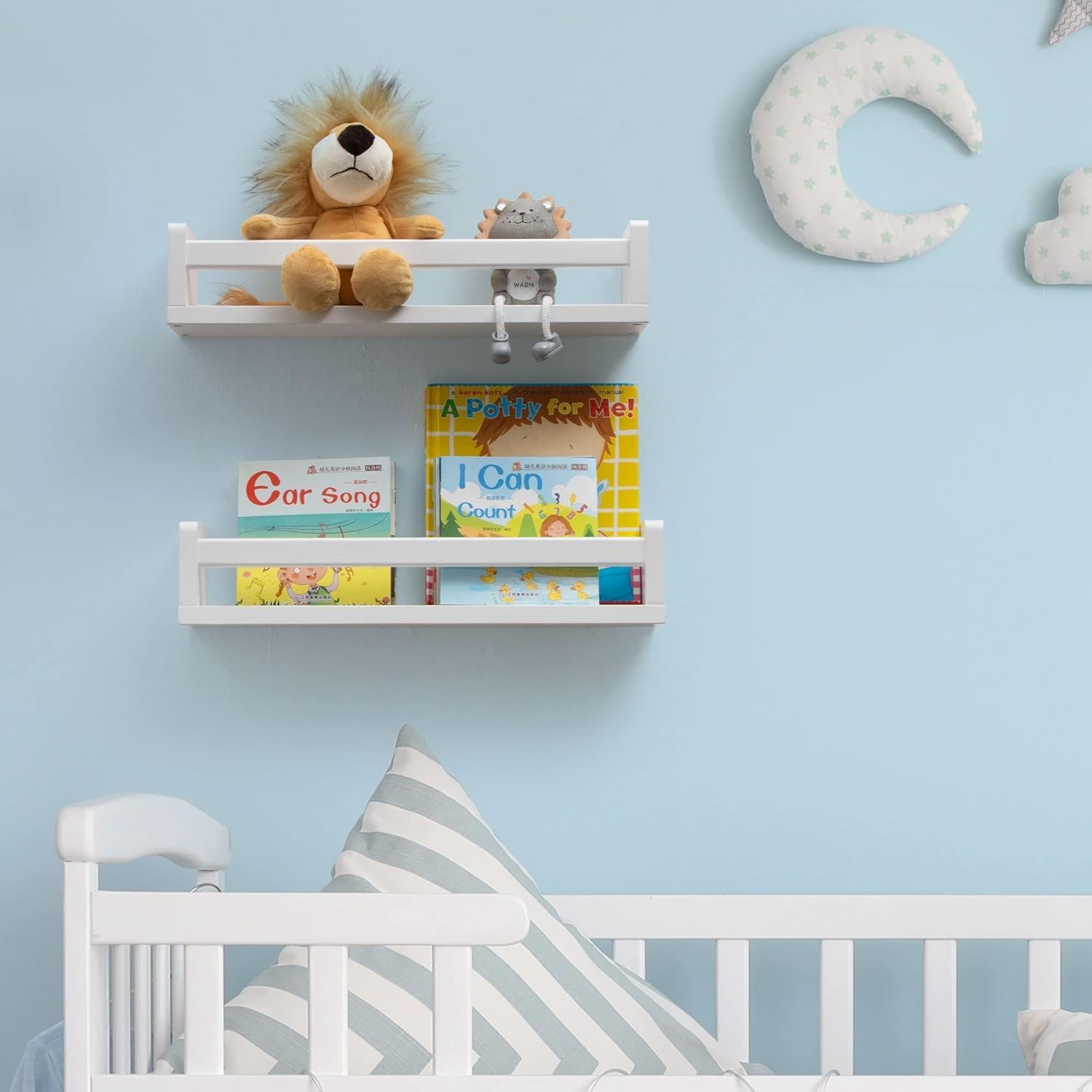 Gieanoo solid natural wood floating shelves set of 2, wall-mounted nursery and kitchen storage for toys, spices, and books.