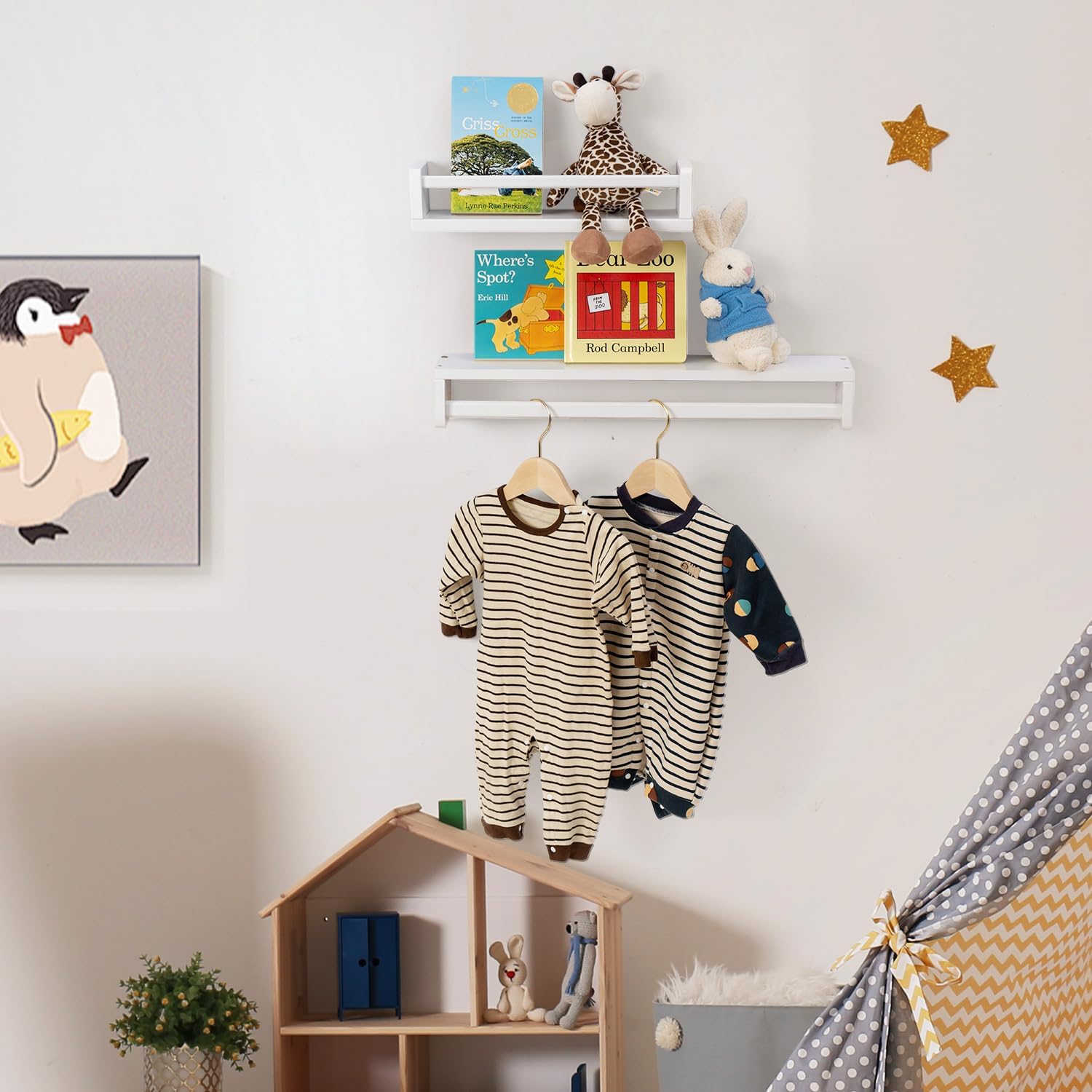 Gieanoo solid natural wood floating shelves set of 2 for nursery or kitchen wall storage, easy to install, versatile organizer