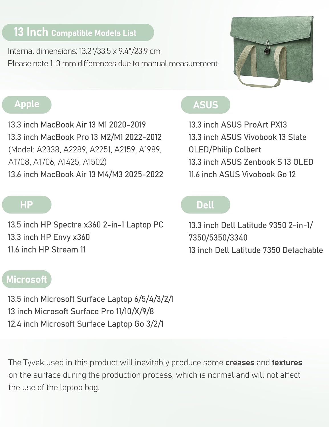 GAOCHY 13 Inch Tyvek Laptop Sleeve Tote - Slim Envelope Case in Spruce Green - Lightweight 180g Protective Bag for MacBook Air 13.6 M4M3M2, MacBook Pro 13.3, iPad AirPro 13, Dell, HP, Surface