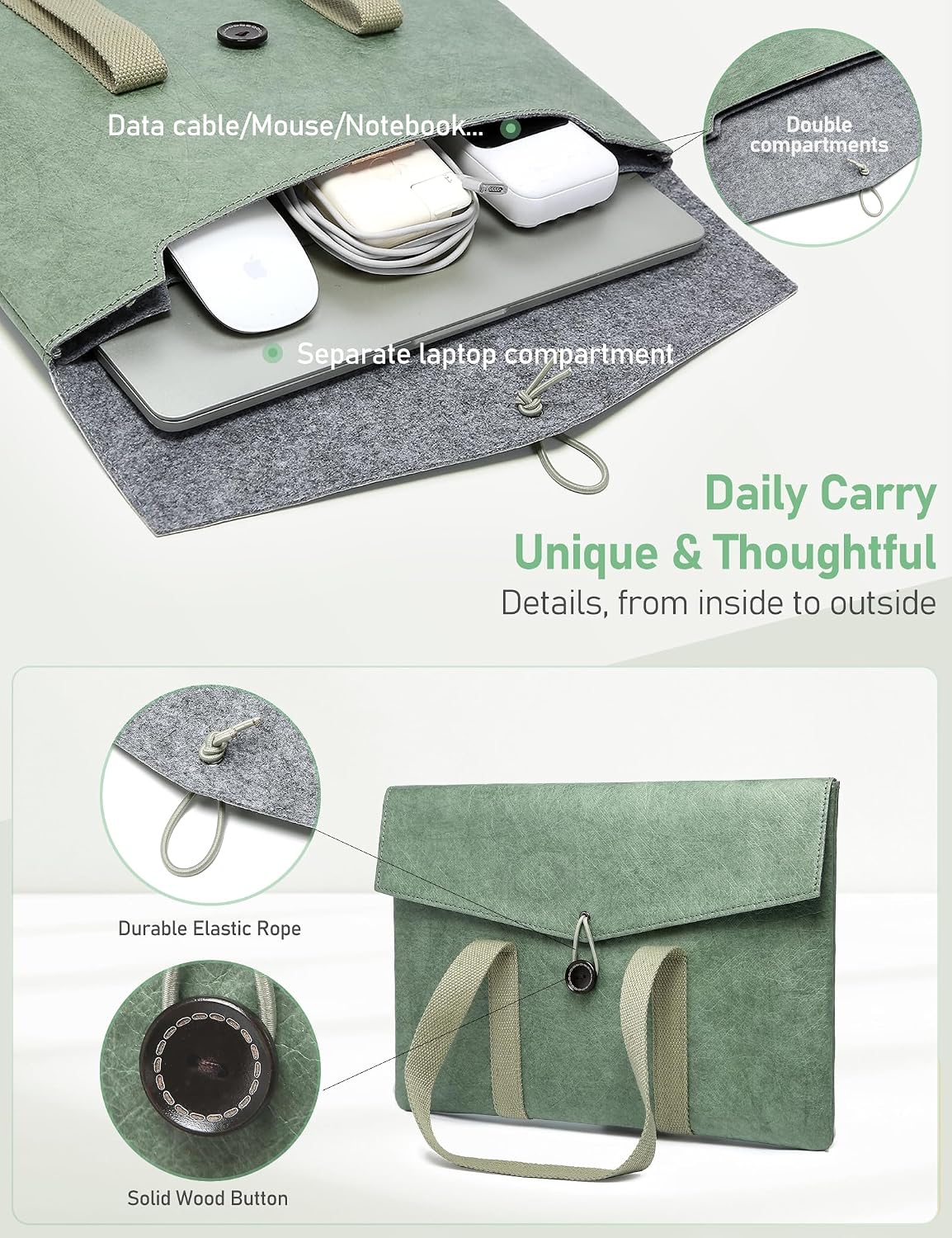 GAOCHY 13 Inch Tyvek Laptop Sleeve Tote - Slim Envelope Case in Spruce Green - Lightweight 180g Protective Bag for MacBook Air 13.6 M4M3M2, MacBook Pro 13.3, iPad AirPro 13, Dell, HP, Surface