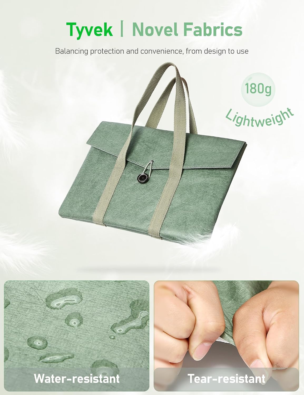 GAOCHY 13 Inch Tyvek Laptop Sleeve Tote - Slim Envelope Case in Spruce Green - Lightweight 180g Protective Bag for MacBook Air 13.6 M4M3M2, MacBook Pro 13.3, iPad AirPro 13, Dell, HP, Surface