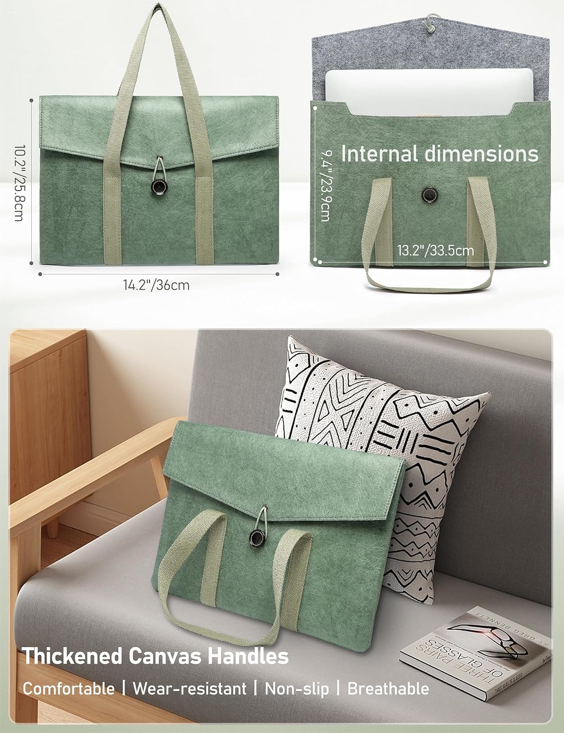 GAOCHY 13 Inch Tyvek Laptop Sleeve Tote - Slim Envelope Case in Spruce Green - Lightweight 180g Protective Bag for MacBook Air 13.6 M4M3M2, MacBook Pro 13.3, iPad AirPro 13, Dell, HP, Surface