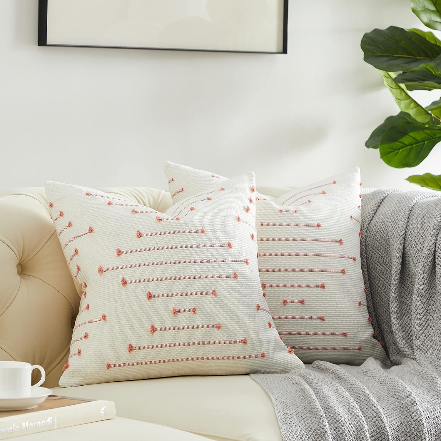 Boho Chic 18x18" Cotton Linen Cushion Covers – Pack of 2 | Hidden Zipper | Embroidered Decor - Zeta Store