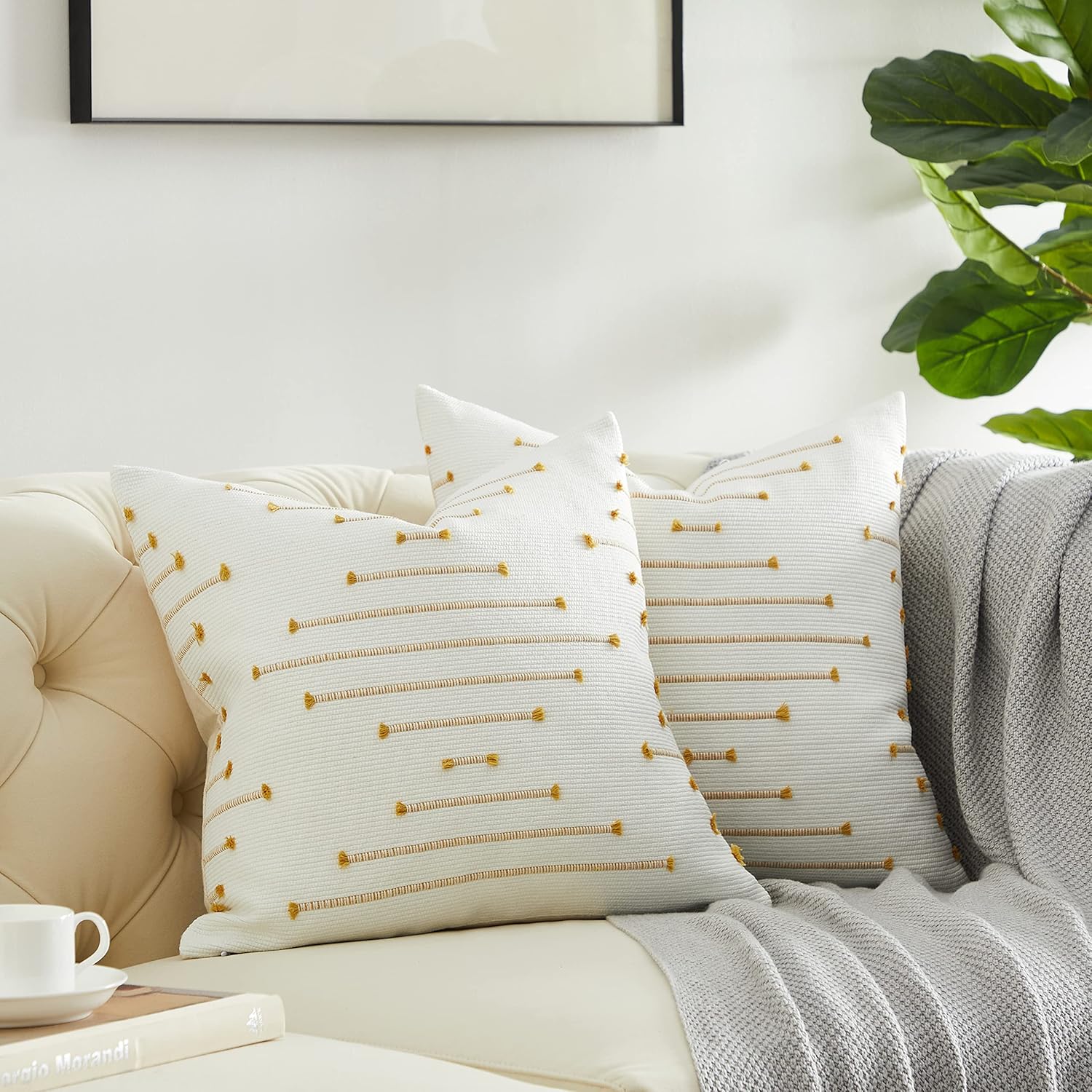 Boho Chic 18x18" Cotton Linen Cushion Covers – Pack of 2 | Hidden Zipper | Embroidered Decor - Zeta Store