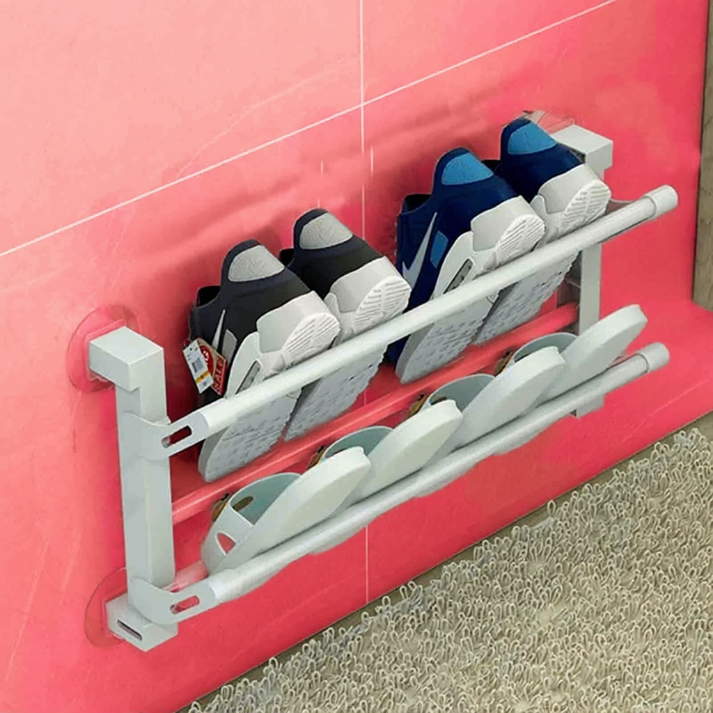 Shoe Rack,Wall Mounted Shoe Rack,2 Tier Folding Shoe Rack Space Saving Door Shoe Rack Without Drilling Wall Mounted Shoe, Plastic and Metal Tubes (White 50CM) - Zeta Store