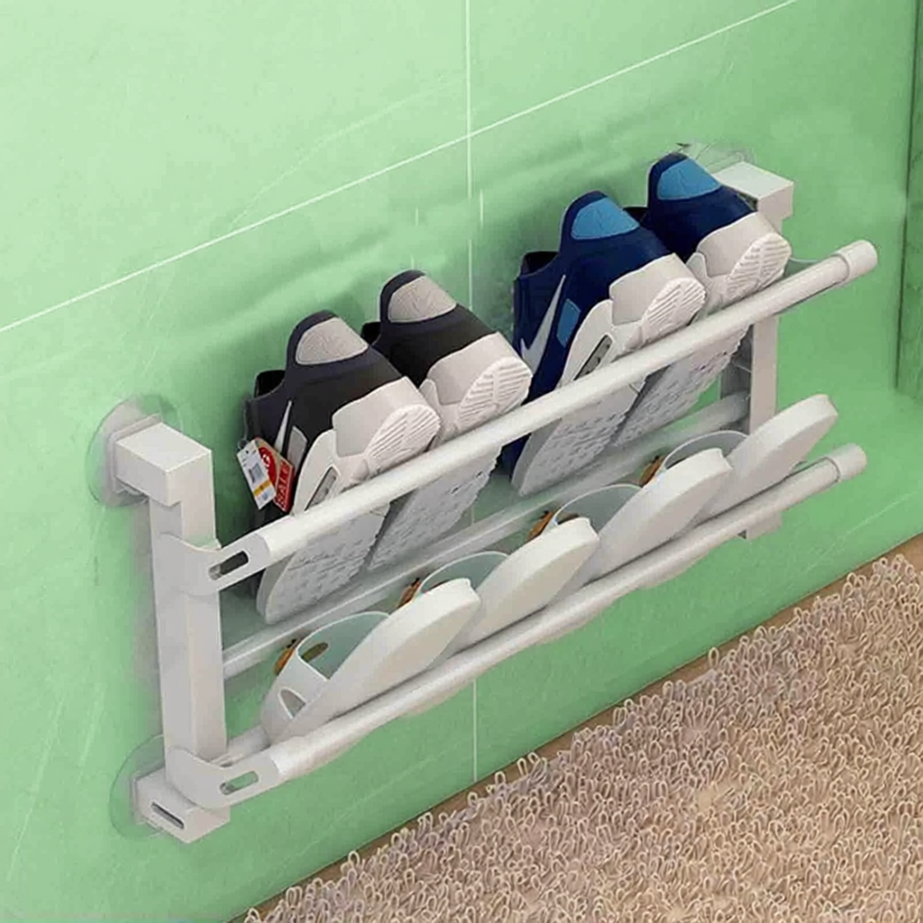 Shoe Rack,Wall Mounted Shoe Rack,2 Tier Folding Shoe Rack Space Saving Door Shoe Rack Without Drilling Wall Mounted Shoe, Plastic and Metal Tubes (White 50CM) - Zeta Store