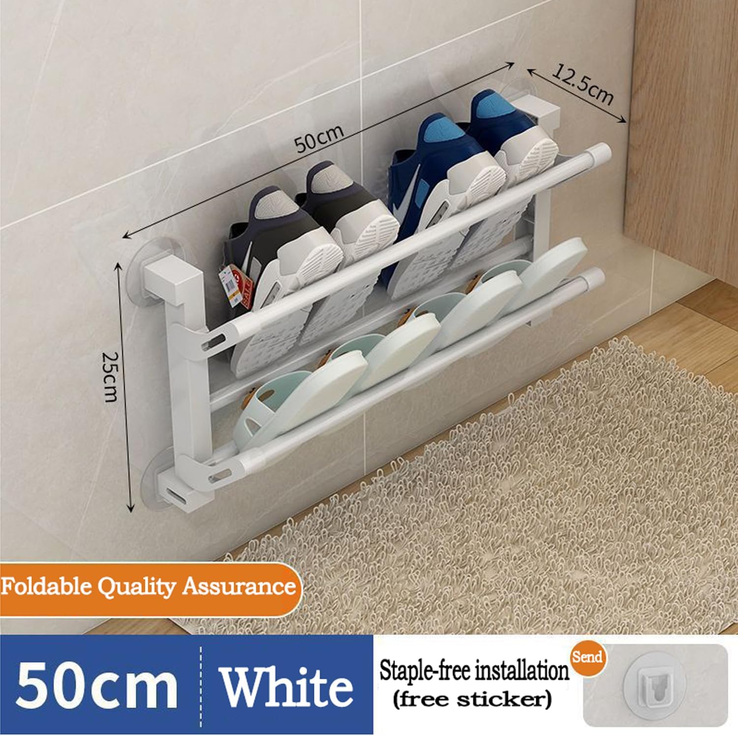 White 2-tier wall-mounted shoe rack with folding design, made of plastic and metal tubes, suitable for door or wall storage.