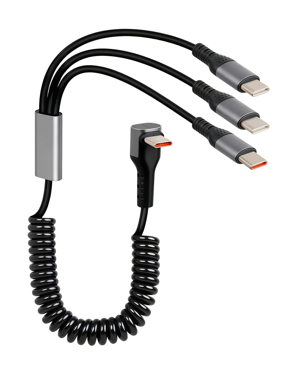 Gelrhonr 3-in-1 USB-C Coiled Fast Charging Cable - 66W Quick Charge 90° Right Angle Retractable for Car, Phone, Tablet, Power Bank