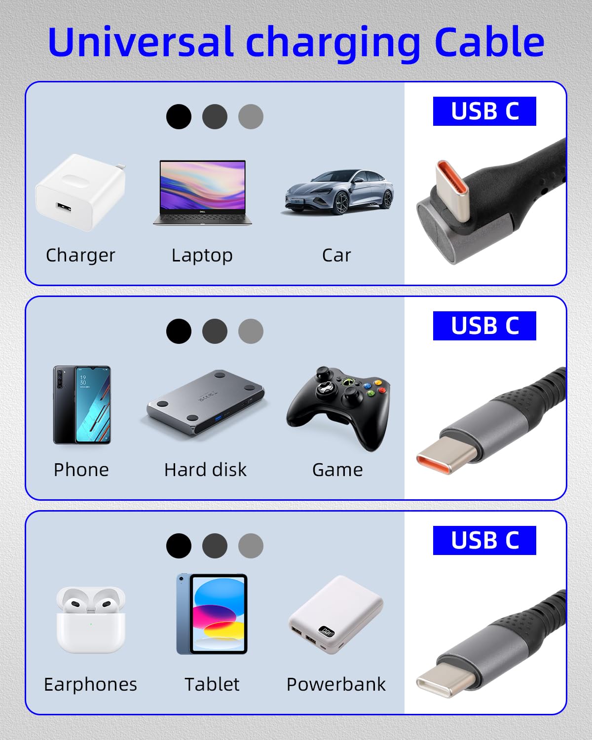 Gelrhonr 3-in-1 USB-C Coiled Fast Charging Cable - 66W Quick Charge 90° Right Angle Retractable for Car, Phone, Tablet, Power Bank