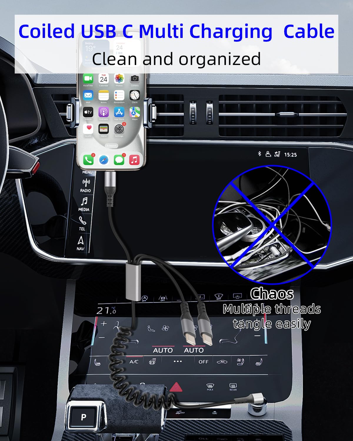 Gelrhonr 3-in-1 USB-C Coiled Fast Charging Cable - 66W Quick Charge 90° Right Angle Retractable for Car, Phone, Tablet, Power Bank