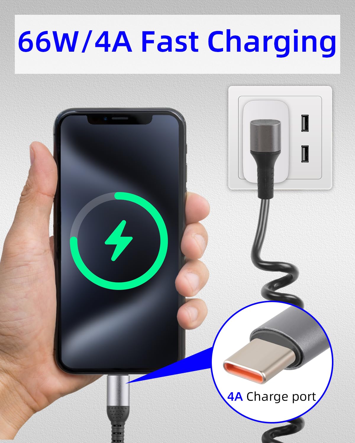 Gelrhonr 3-in-1 USB-C Coiled Fast Charging Cable - 66W Quick Charge 90° Right Angle Retractable for Car, Phone, Tablet, Power Bank