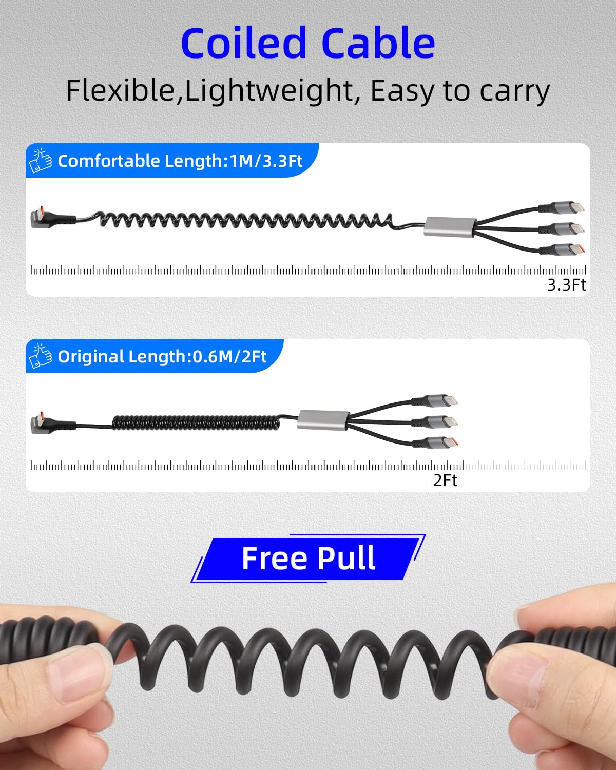 Gelrhonr 3-in-1 USB-C Coiled Fast Charging Cable - 66W Quick Charge 90° Right Angle Retractable for Car, Phone, Tablet, Power Bank