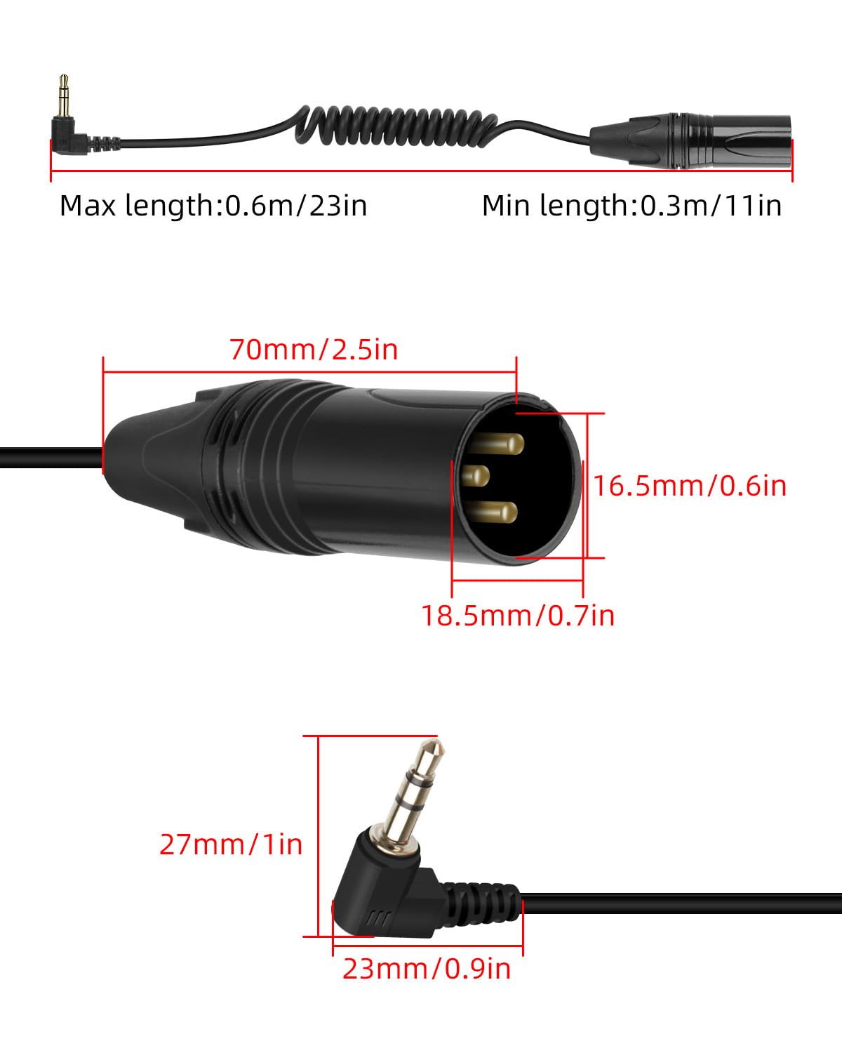 Gelrhonr 90 Degree 3.5mm to XLR Coiled Cable - XLR 3-Pin Male to Right Angle TRS Male Audio Cable 50cm / 1.65ft for Phones, Laptops, Cameras