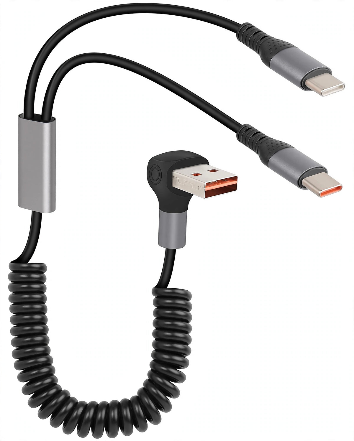 Gelrhonr 3-in-1 USB-C Coiled Fast Charging Cable - 66W Quick Charge 90° Right Angle Retractable for Car, Phone, Tablet, Power Bank