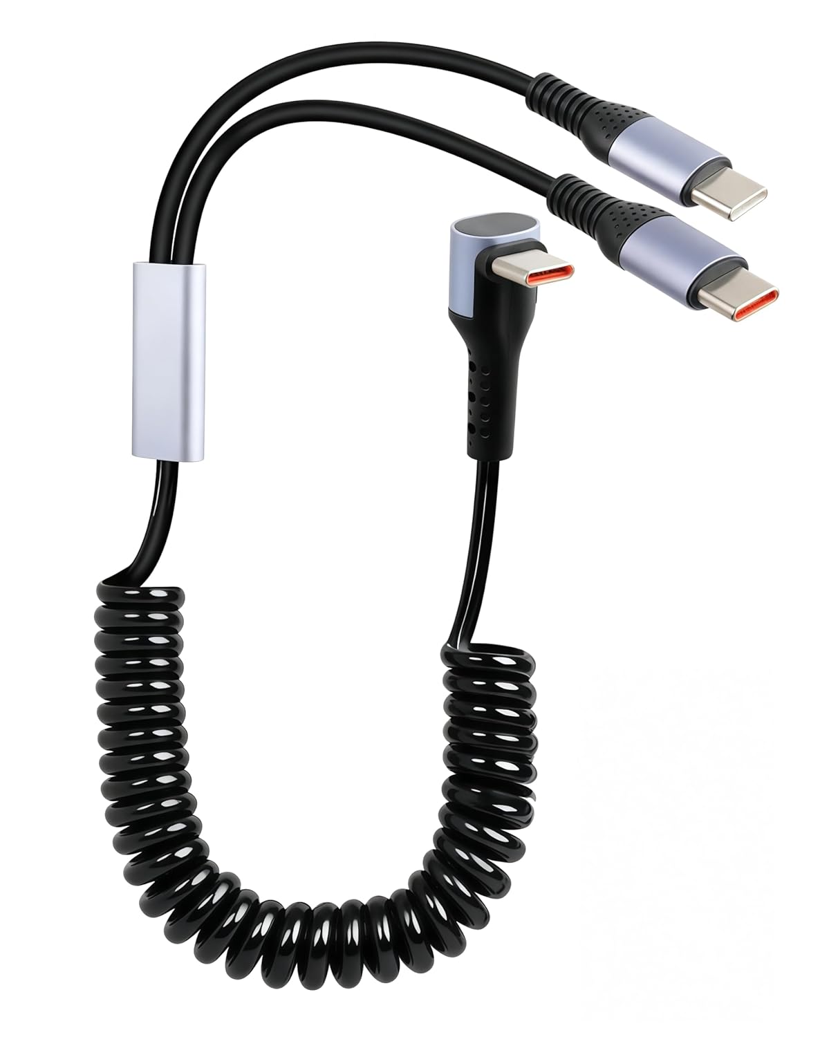 Gelrhonr 3-in-1 USB-C Coiled Fast Charging Cable - 66W Quick Charge 90° Right Angle Retractable for Car, Phone, Tablet, Power Bank