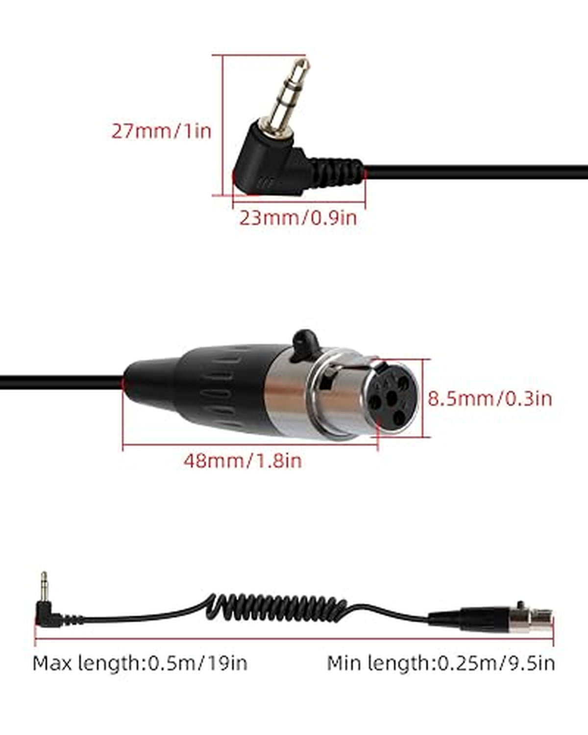 Gelrhonr Mini XLR Female to 3.5mm Coiled Cable - 90 Degree TRS Lockable Microphone Cable 50cm (0.25m-0.5m Stretch) for Camera, Mixer, Amplifier, Phone, PC