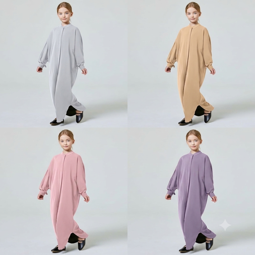 FYMNSI Girls Muslim Prayer Dress Abaya - Button Down Henley Kaftan Robe Long Sleeve Modest Islamic Outfit for Kids Ages 4-14 | Grey, Khaki, Purple