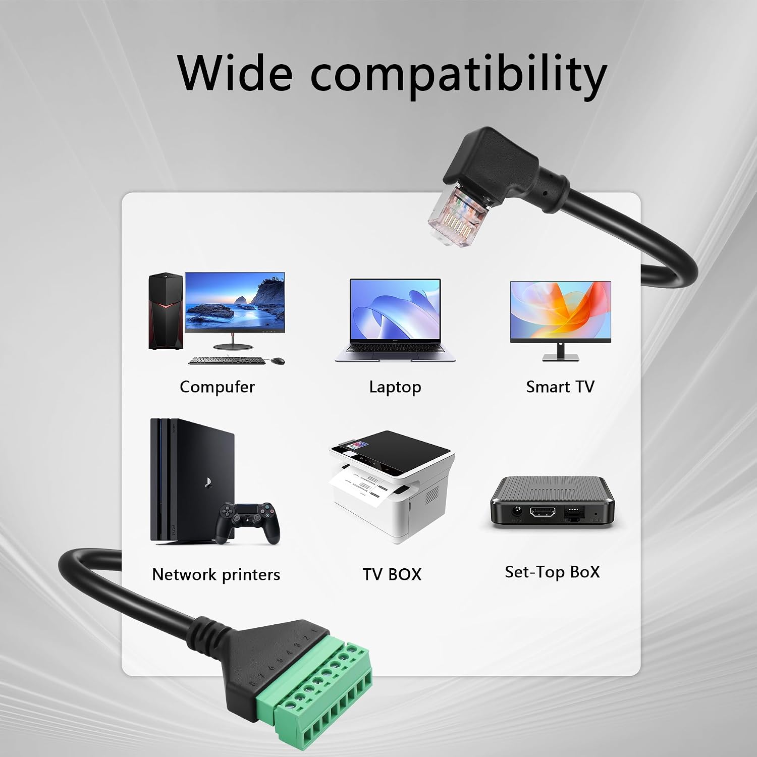 Gintooyun 2-pack Ethernet Screw Terminal Cable - 90 Degree Right Bend Rj45 Male To 8-PIN Detachable Terminal - Cat6e 11.81 Inch / 30cm + Screwdriver