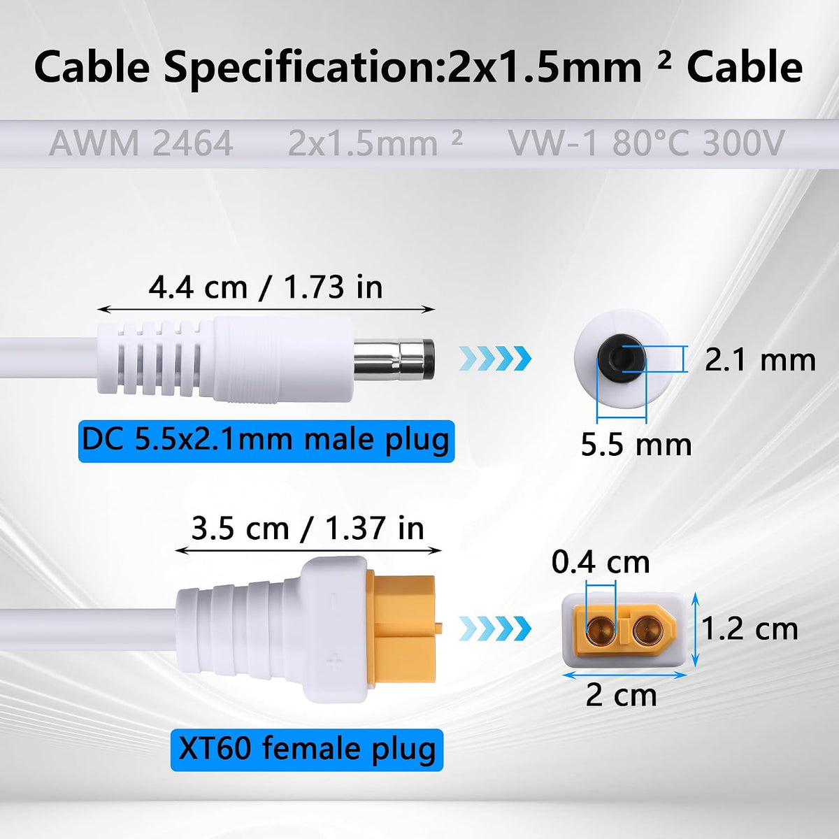 Gintooyun 2-Pack White XT60 Female to DC5521 Power Cable - XT60 to DC 5.5mm x 2.1mm Male - for FPV Goggles, B6 Balance Charger, Drones