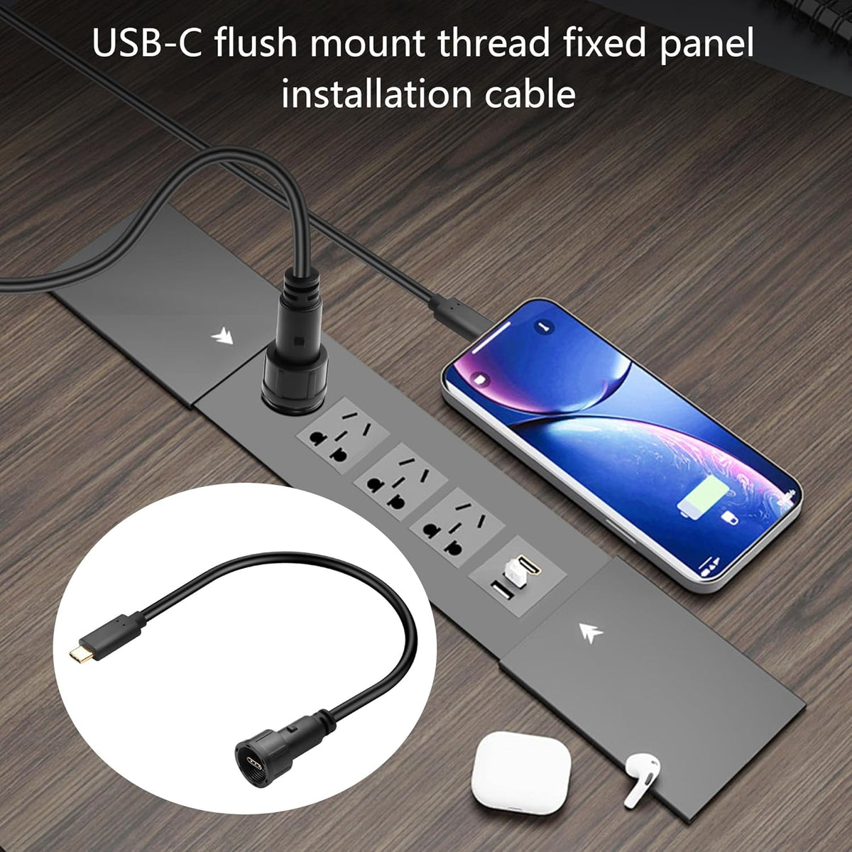 Gintooyun USB-C Flush Mount Panel Cable - IP67 Waterproof Type-C Male to Male 12.2 Inch / 31cm - 100W 5Gbps Data & Power Thread Mount Cable for Car, Caravan, Desk, Laptop, Phone