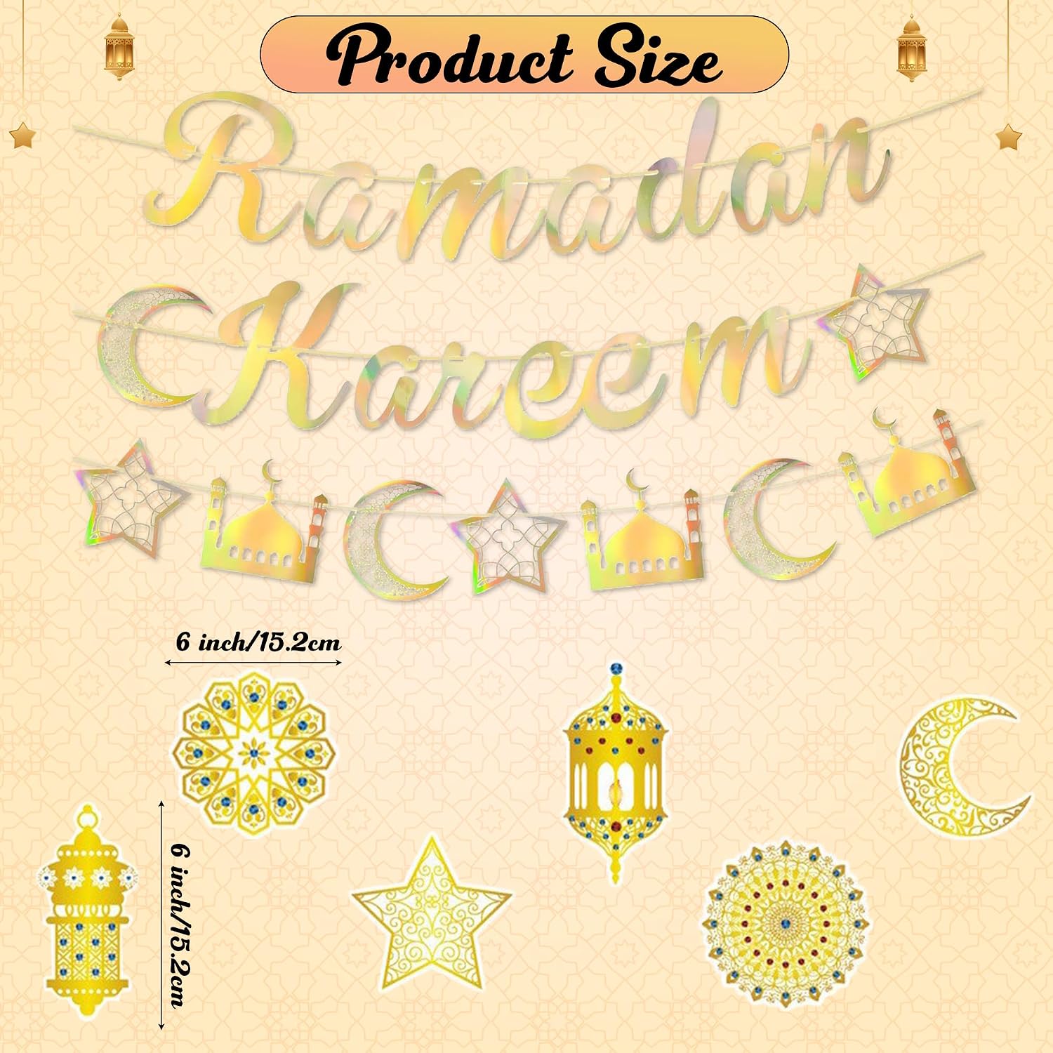 GoaePode Ramadan Mubarak Banner Set - Ramadan Kareem Holographic Gold Banner with Moon Star Lantern Mosque Spiral Hanging Decorations