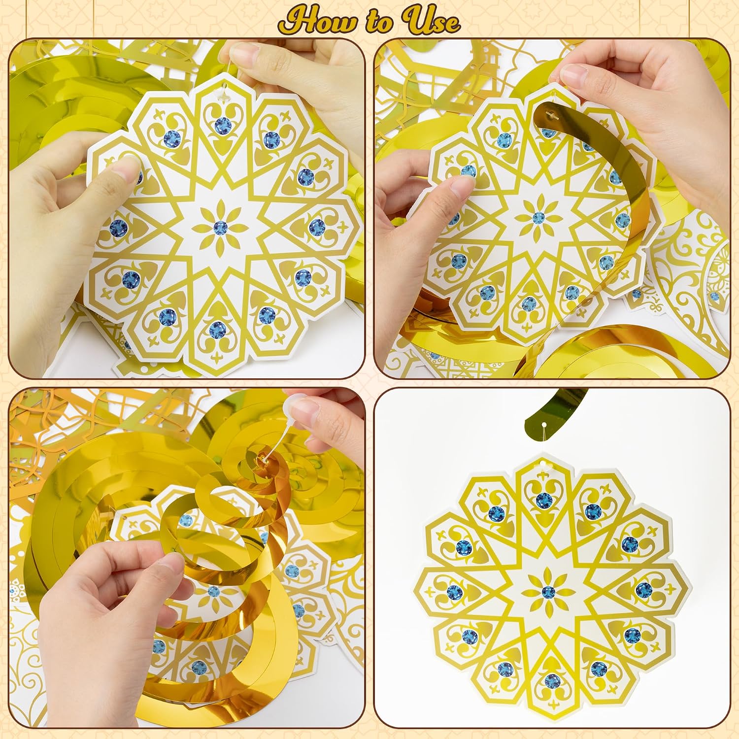 GoaePode Ramadan Mubarak Banner Set - Ramadan Kareem Holographic Gold Banner with Moon Star Lantern Mosque Spiral Hanging Decorations