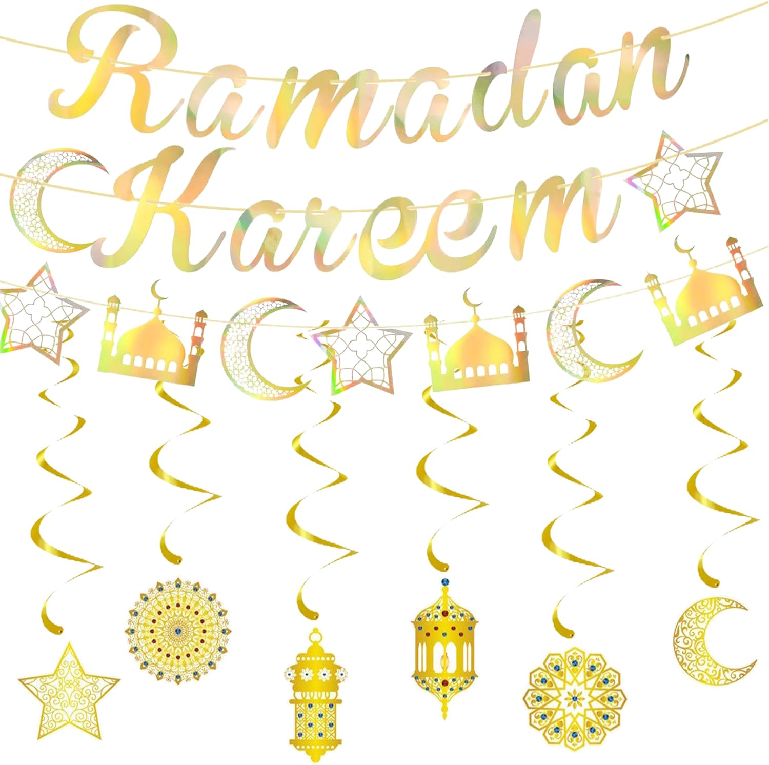 GoaePode Ramadan Mubarak Banner Set - Ramadan Kareem Holographic Gold Banner with Moon Star Lantern Mosque Spiral Hanging Decorations