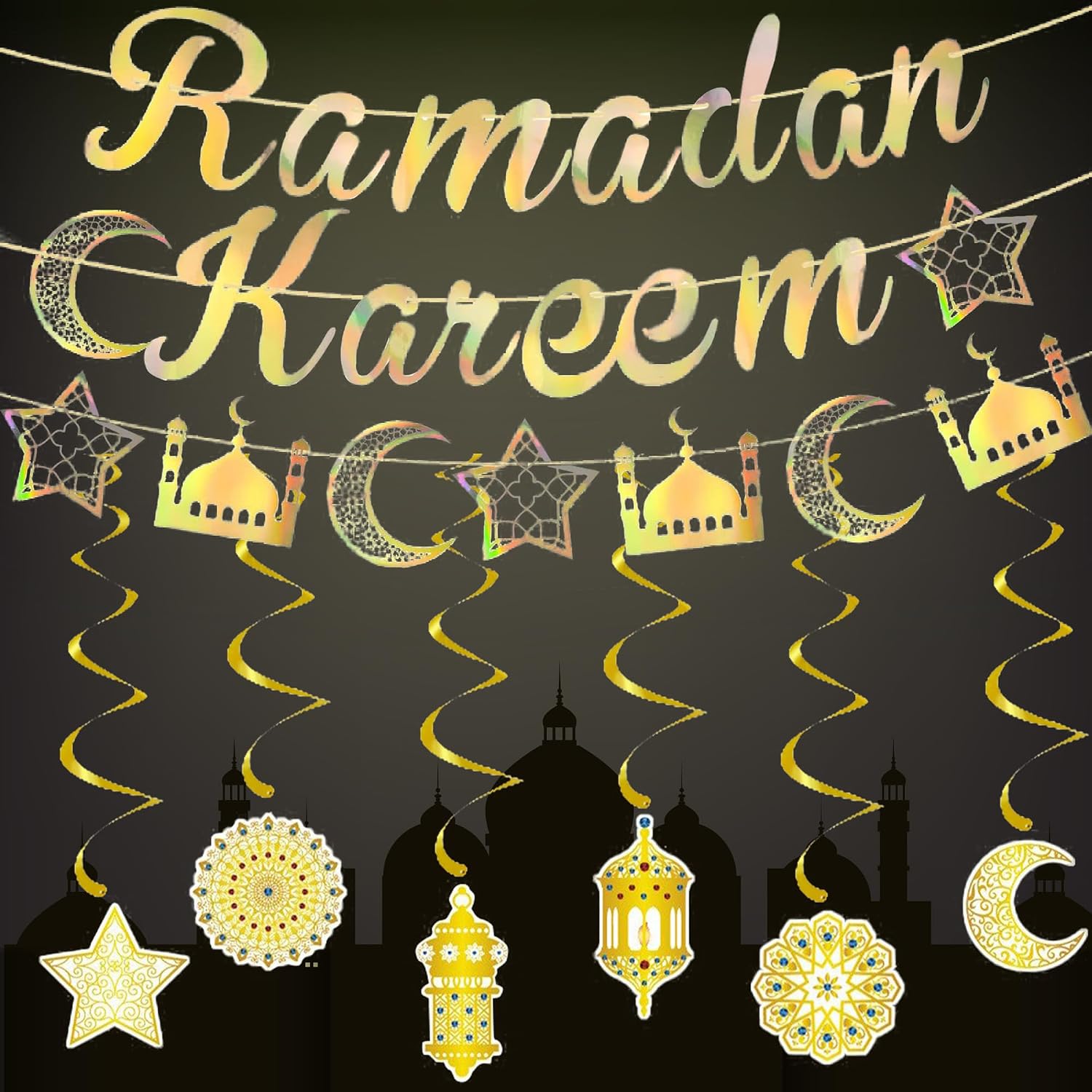 GoaePode Ramadan Mubarak Banner Set - Ramadan Kareem Holographic Gold Banner with Moon Star Lantern Mosque Spiral Hanging Decorations