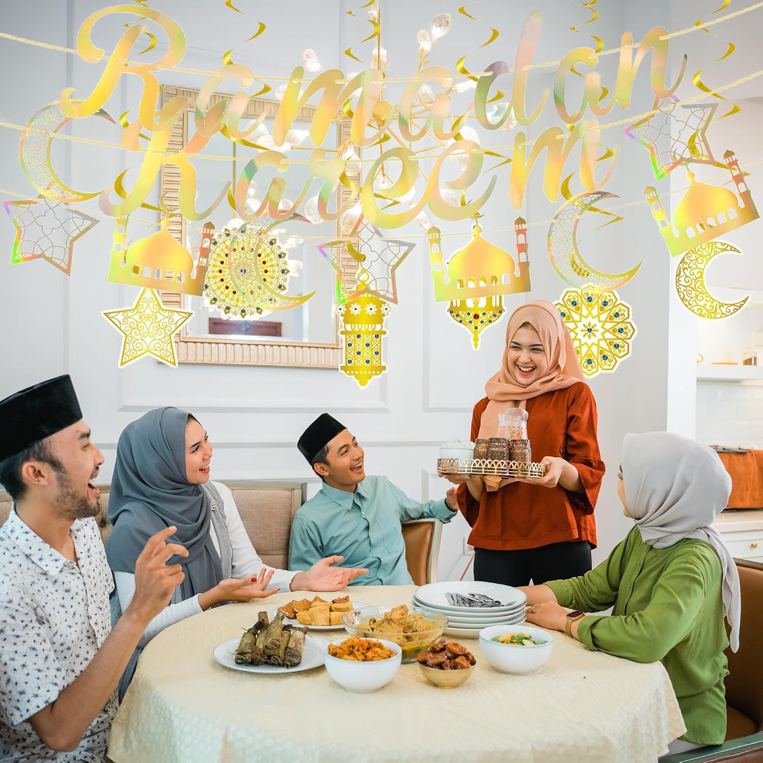 GoaePode Ramadan Mubarak Banner Set - Ramadan Kareem Holographic Gold Banner with Moon Star Lantern Mosque Spiral Hanging Decorations