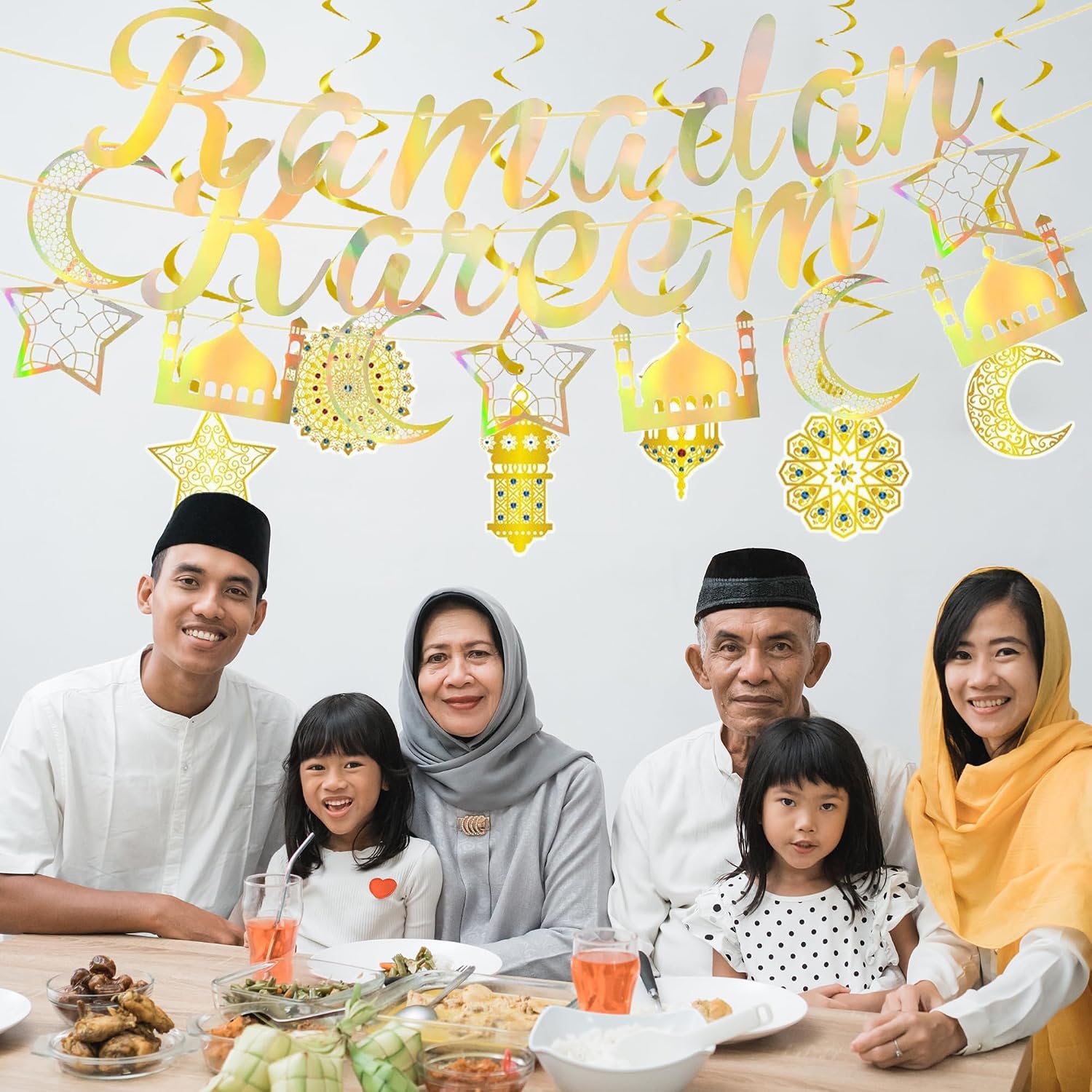 GoaePode Ramadan Mubarak Banner Set - Ramadan Kareem Holographic Gold Banner with Moon Star Lantern Mosque Spiral Hanging Decorations