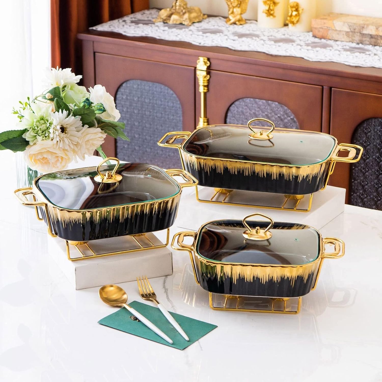 Gold rim porcelain rectangular casserole buffet set with three sizes and chafer warming tray for catering, weddings, and parties.