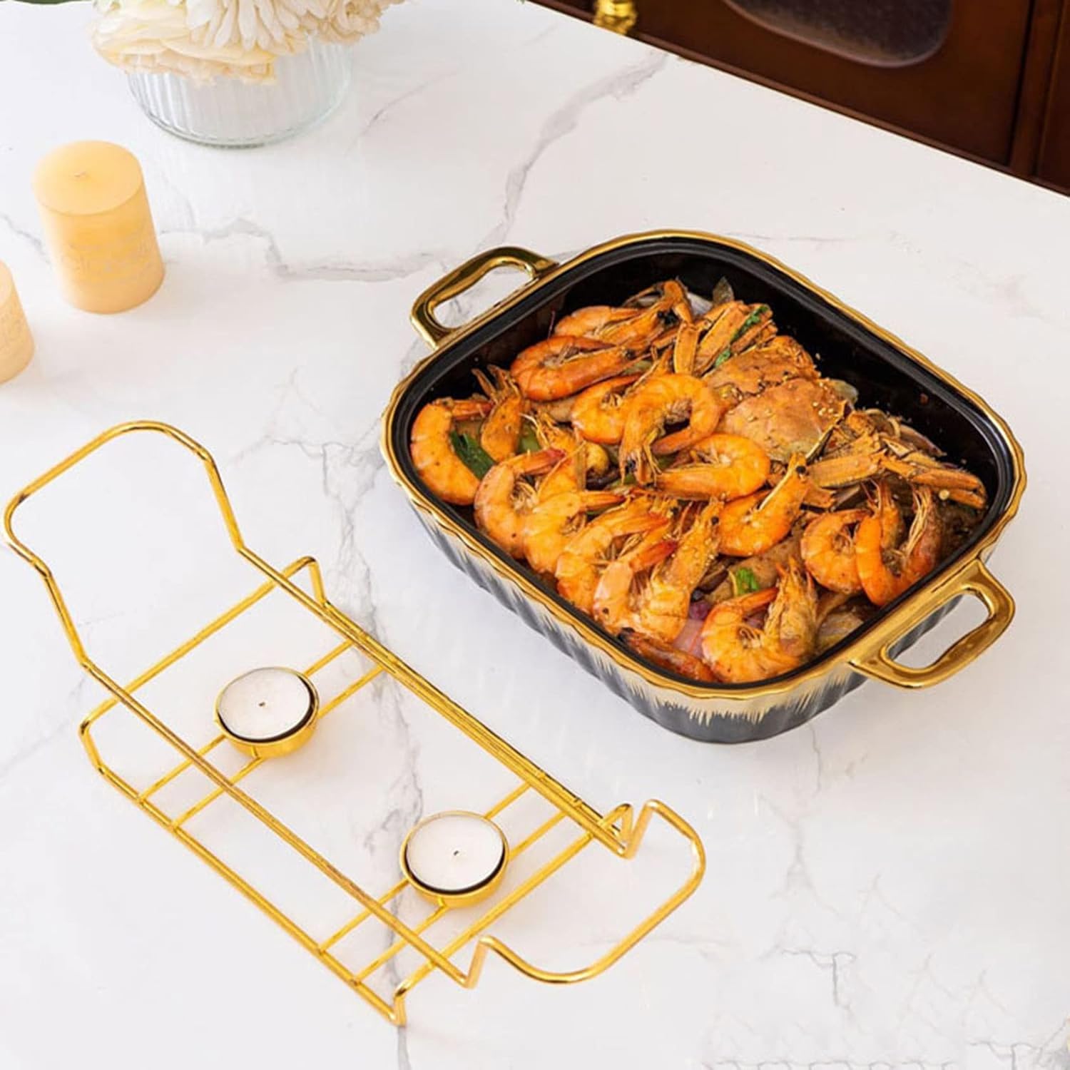 Gold rim porcelain rectangular casserole buffet set with three sizes, featuring a chafer warming tray for catering and parties.