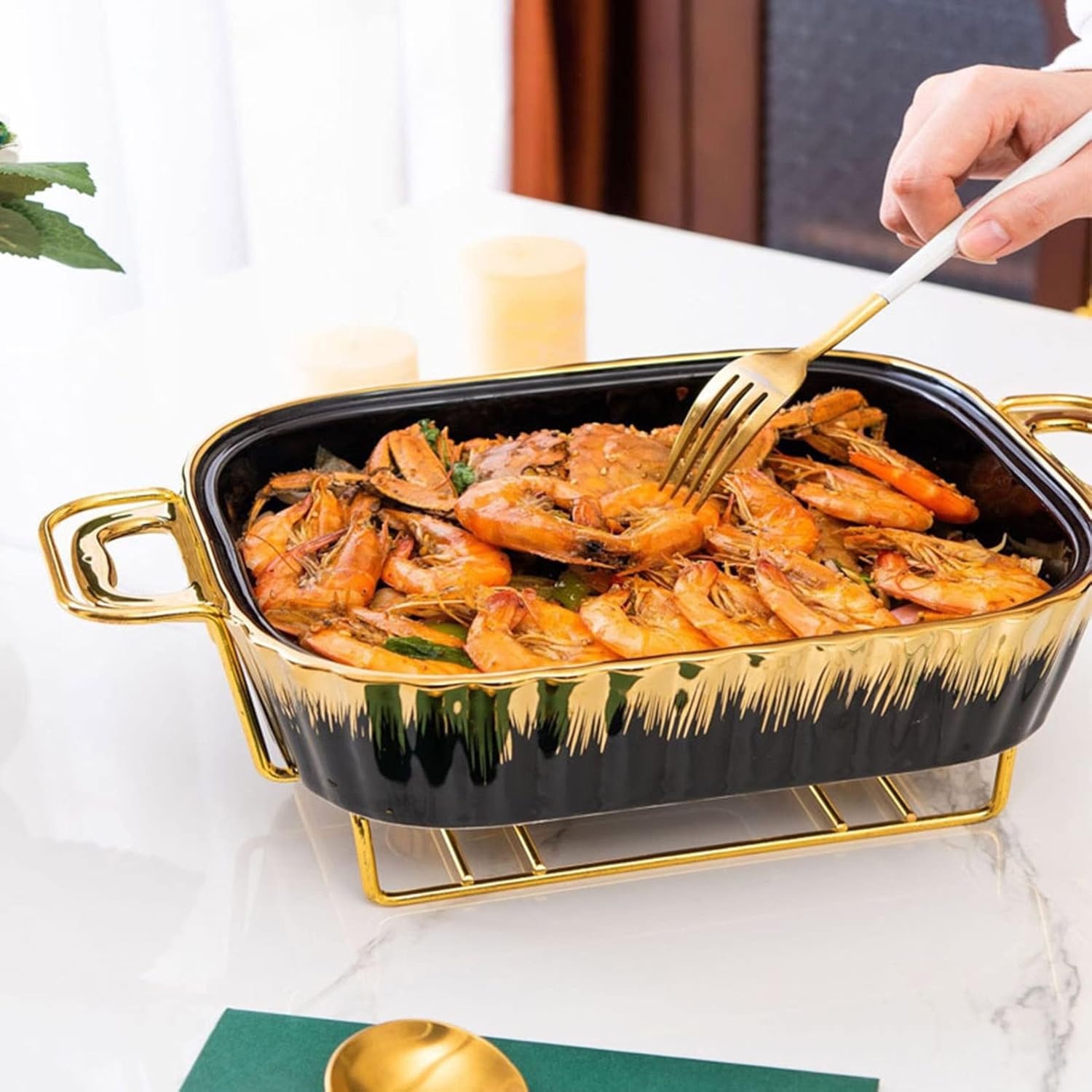 Gold rim porcelain rectangular casserole buffet set with three sizes and black warming tray for catering, weddings, and parties.