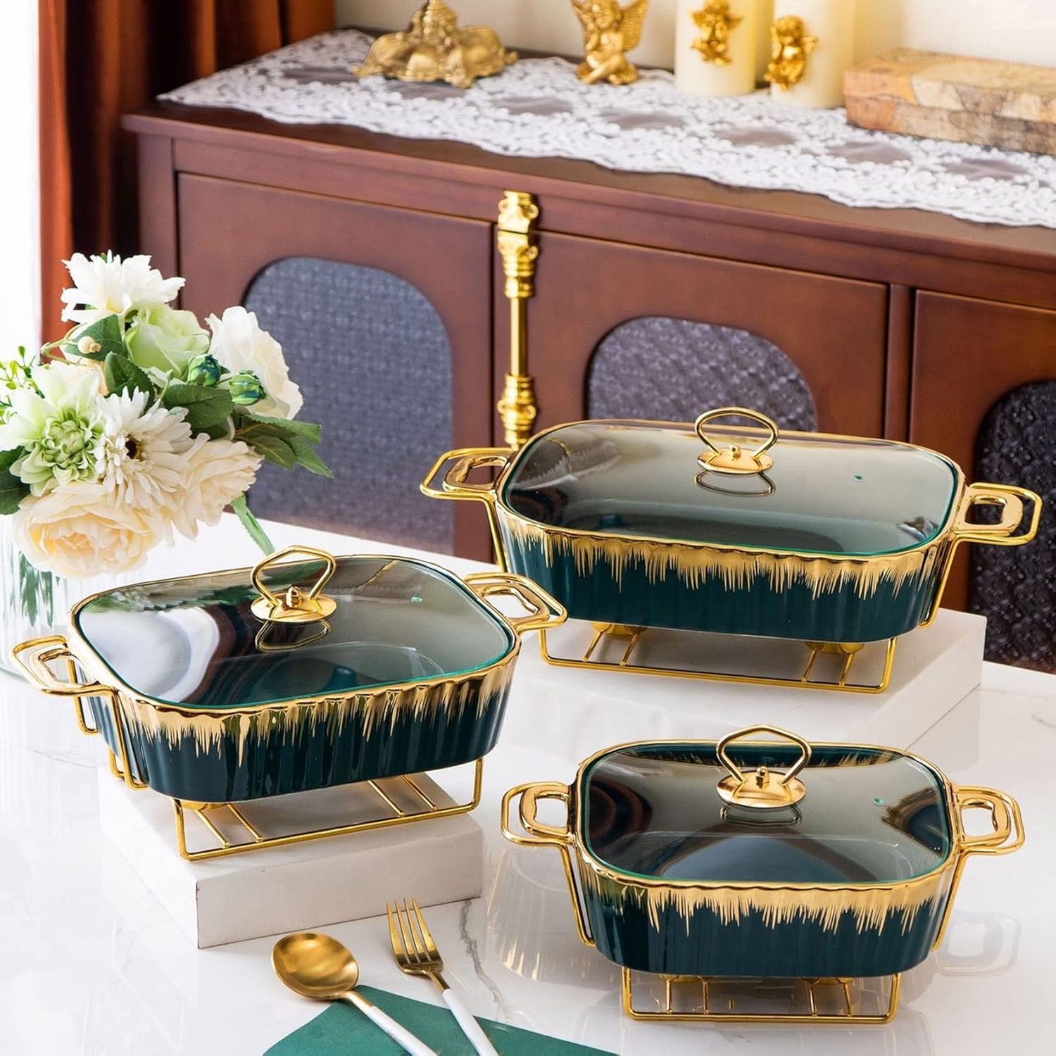 Gold rim porcelain rectangular casserole buffet set with three sizes and chafer warming tray for catering, weddings, and parties.