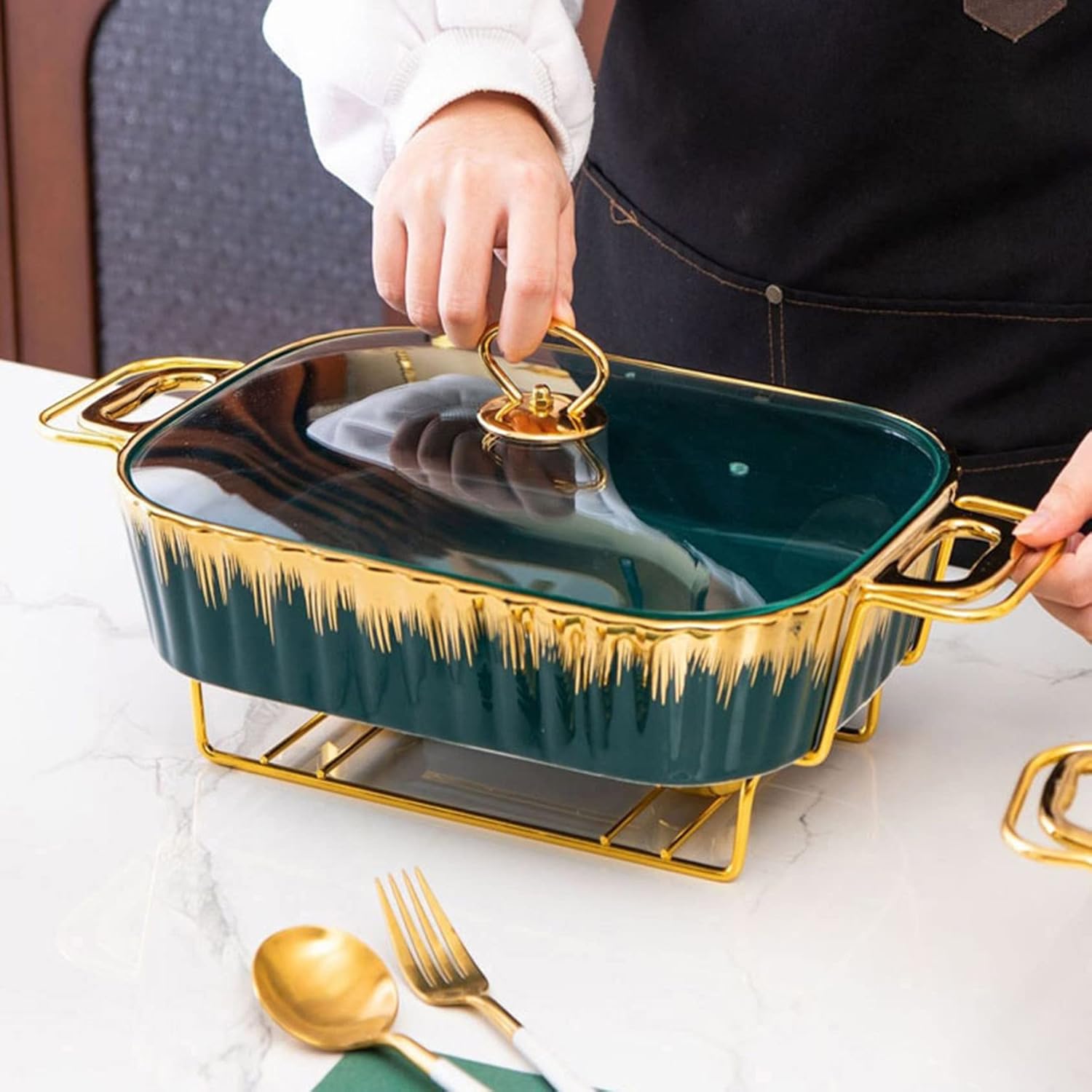 Gold rim porcelain rectangular casserole buffet set with warming tray in green, includes three sizes for catering, weddings, and parties.