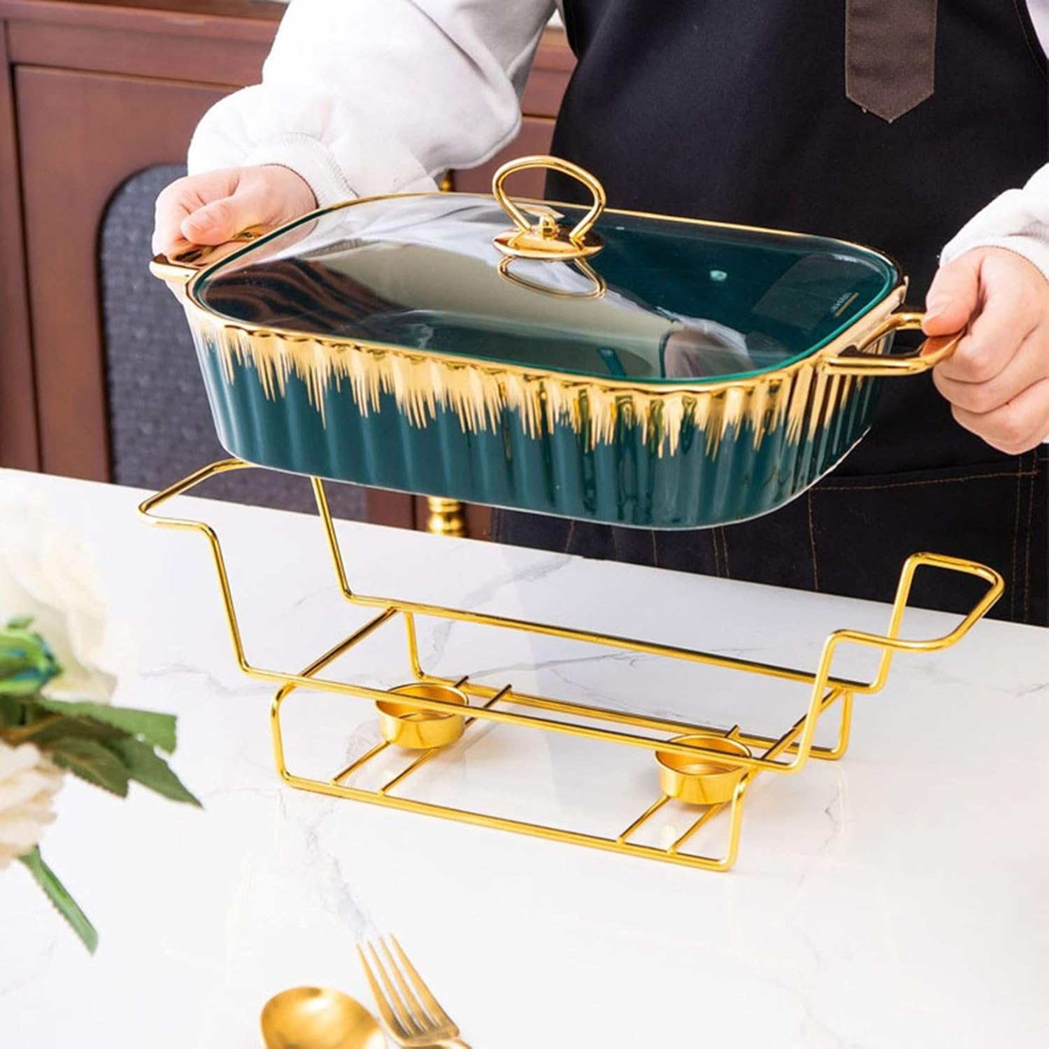 Gold rim porcelain rectangular casserole buffet set with 3 sizes, Zeta Store chafer warming tray for catering and parties.