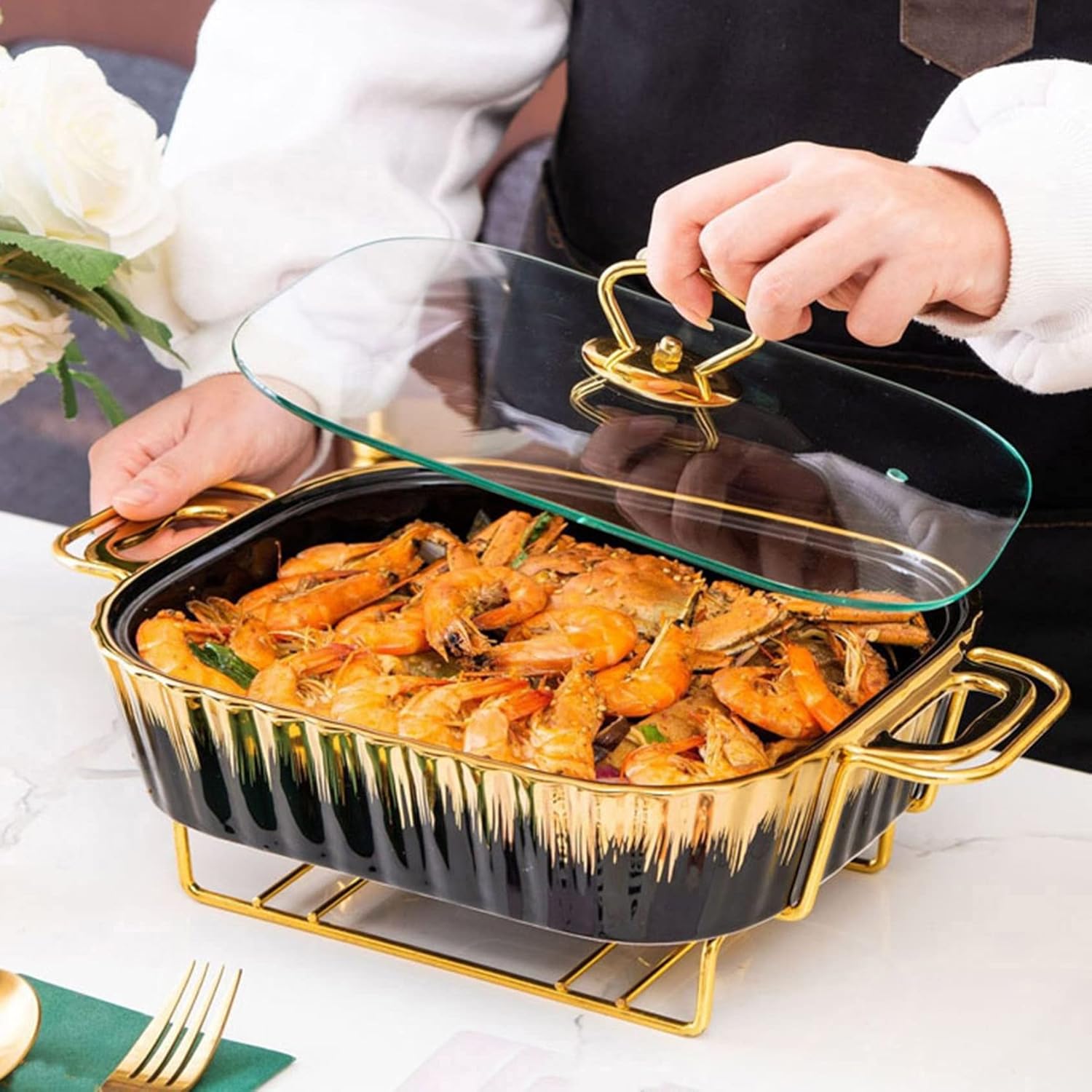 Gold rim porcelain rectangular casserole buffet set with warming tray in three sizes, ideal for catering, weddings, and parties.