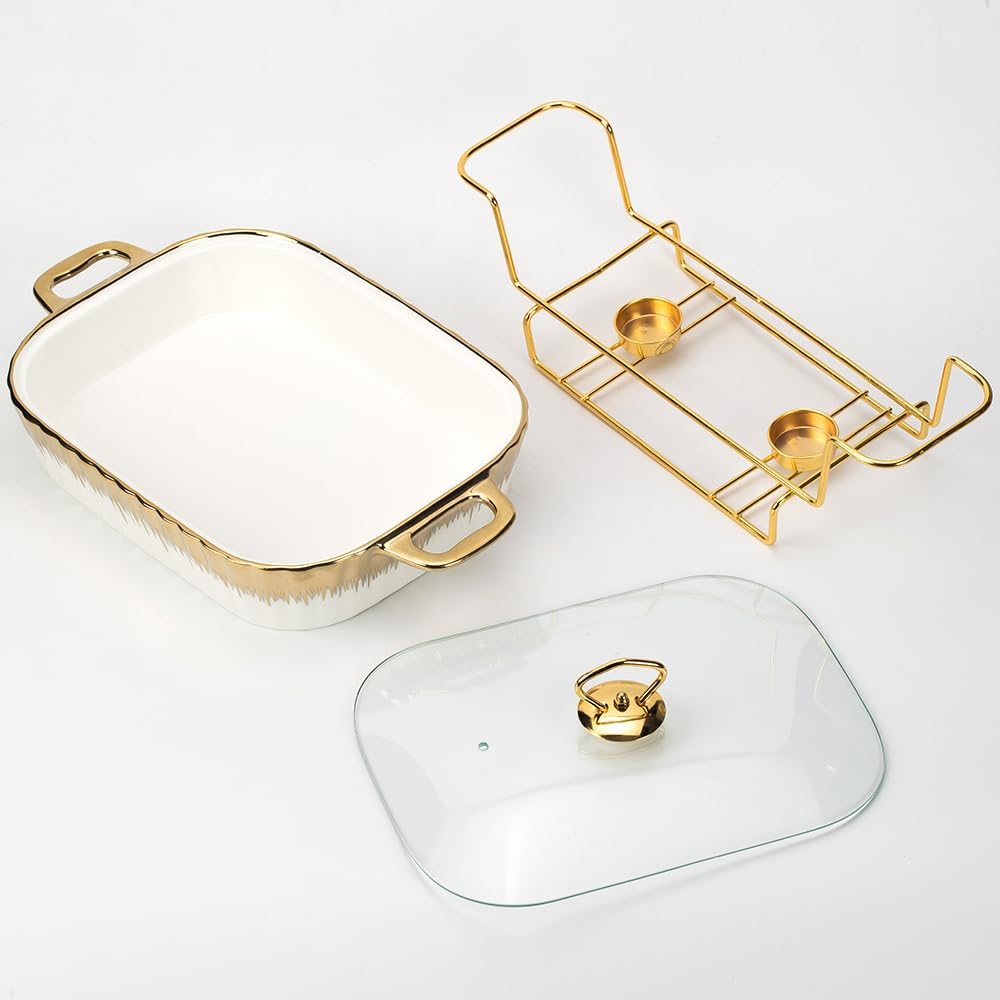 Gold rim porcelain rectangular casserole buffet set with three sizes and warming tray for catering, weddings, and parties.