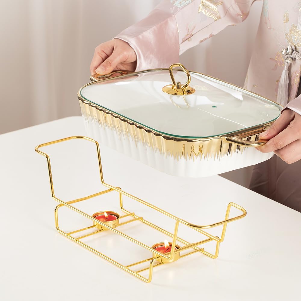 Gold rim porcelain rectangular casserole buffet set with three sizes and chafer warming tray for catering, weddings, and parties.