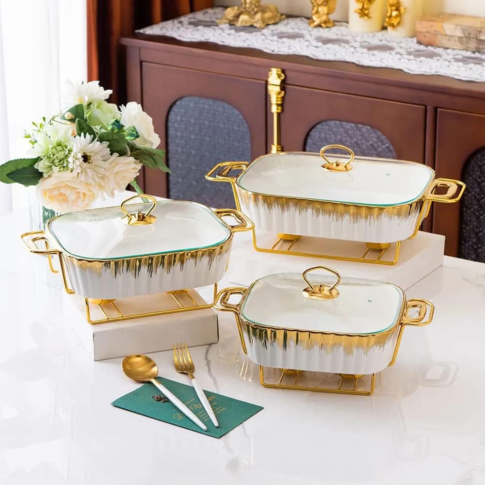 Gold rim porcelain rectangular casserole buffet set with three sizes, includes chafer warming tray for catering, weddings, and parties.