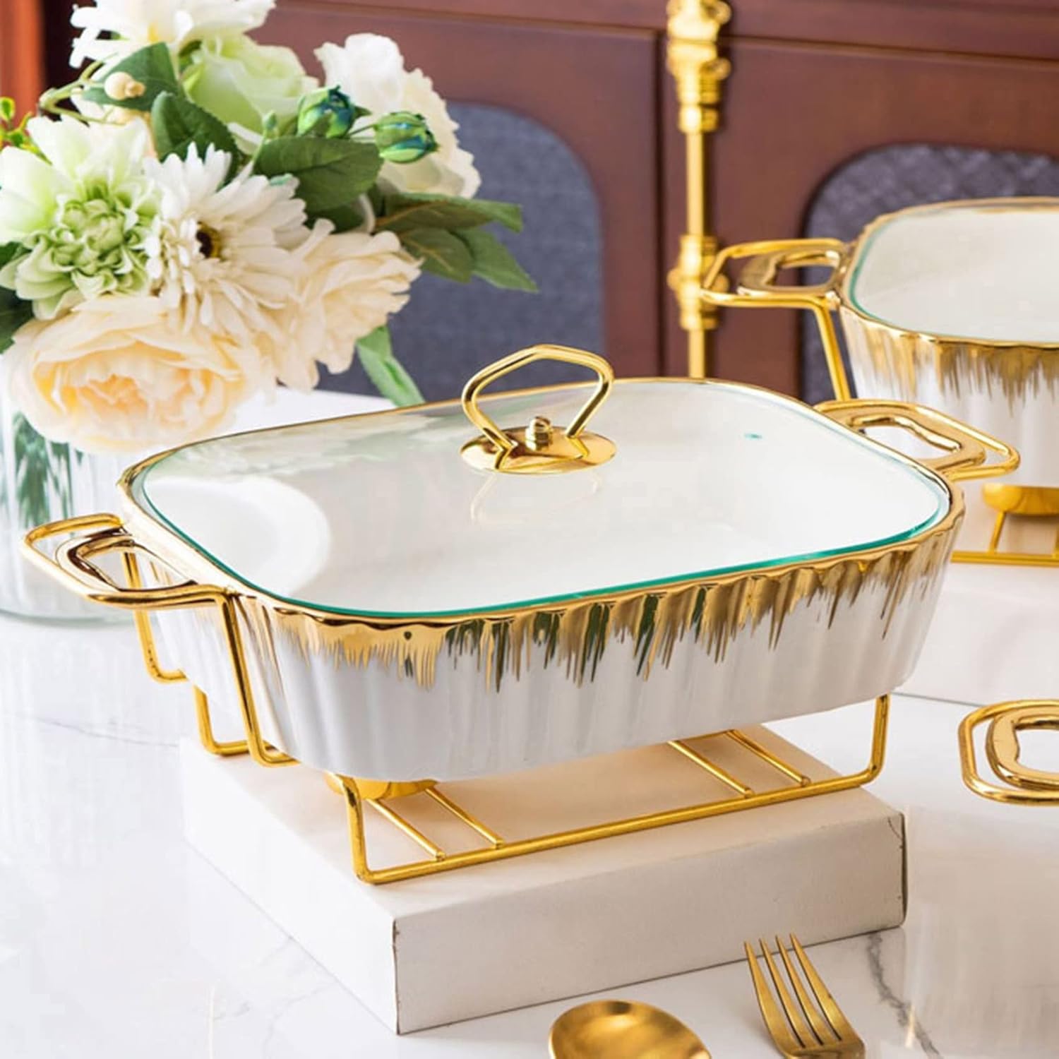 Gold rim porcelain rectangular casserole buffet set with three sizes, including chafer warming tray, for catering, weddings, and parties.