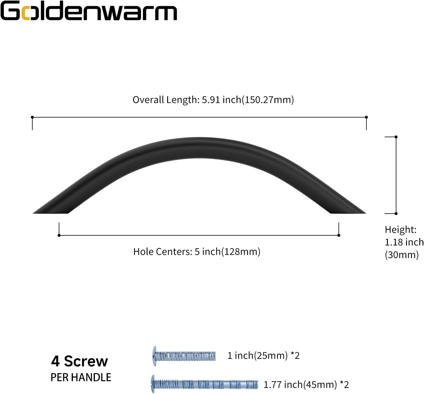 Goldenwarm 5 Pack Matt Black Bow Cabinet Handles 128mm - Kitchen Cupboard Door Drawer Pulls Stainless Steel