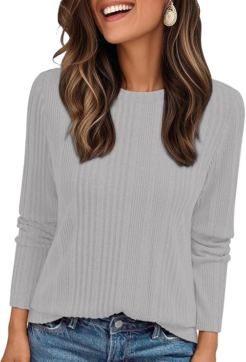 Suncife Womens Long Sleeve Ribbed Top - Dressy Casual Crew Neck Tunic T-Shirt - Soft Breathable Pullover Top