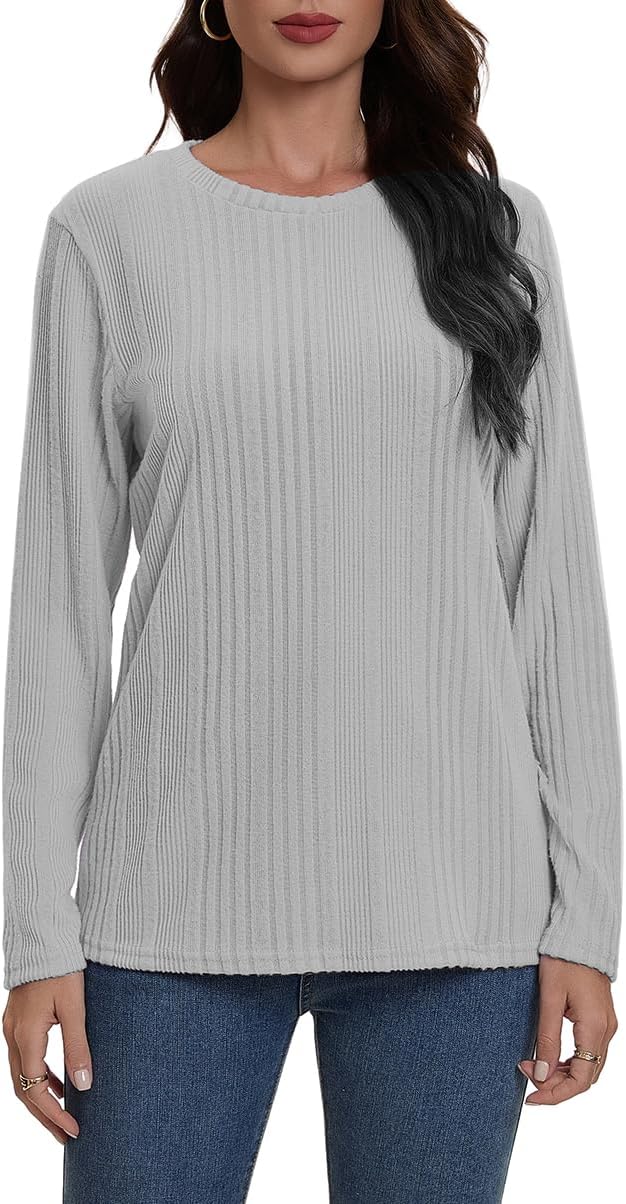 Suncife Womens Long Sleeve Ribbed Top - Dressy Casual Crew Neck Tunic T-Shirt - Soft Breathable Pullover Top