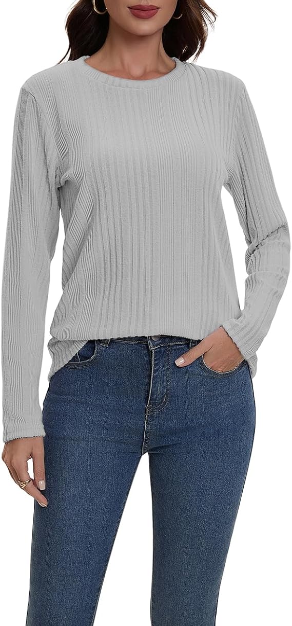 Suncife Womens Long Sleeve Ribbed Top - Dressy Casual Crew Neck Tunic T-Shirt - Soft Breathable Pullover Top
