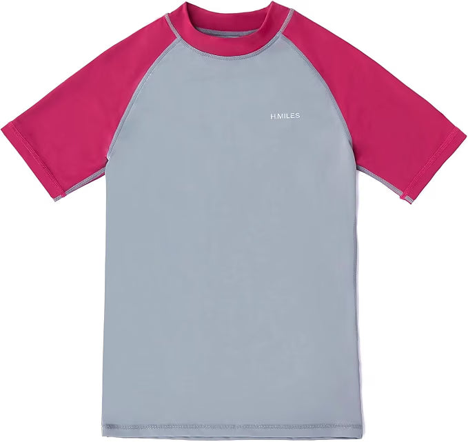 HMILES Girls Short Sleeve Rash Vest Size 9-10 Years - UPF 50+ Kids Swim Top | Quick Dry UV Rash Guard - Grey / Red