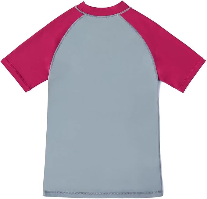 HMILES Girls Short Sleeve Rash Vest Size 9-10 Years - UPF 50+ Kids Swim Top | Quick Dry UV Rash Guard - Grey / Red