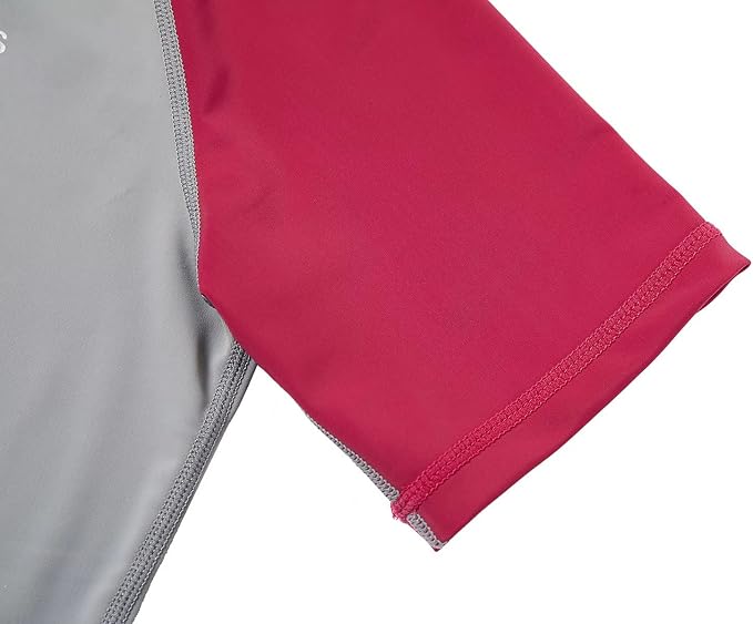 HMILES Girls Short Sleeve Rash Vest Size 9-10 Years - UPF 50+ Kids Swim Top | Quick Dry UV Rash Guard - Grey / Red